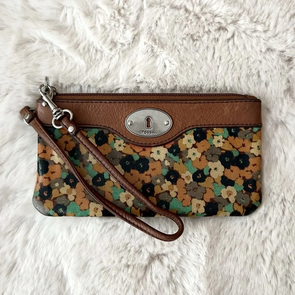 FOSSIL Key Per floral print and brown leather wristlet
